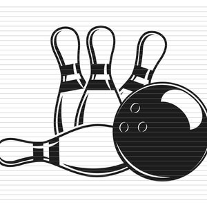 Può includere: Illustrazione in bianco e nero di birilli da bowling e una palla da bowling. I birilli da bowling sono disposti a forma di triangolo, con la palla da bowling davanti a loro.
