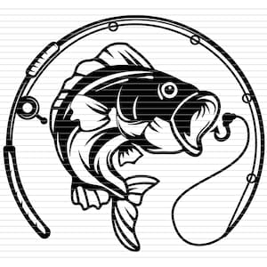 May include: Black and white illustration of a fish with its mouth open, hooked on a fishing rod. The fish is in the center of a circle formed by the fishing rod.
