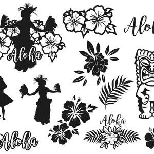 May include: Black and white Hawaiian-themed illustrations. Silhouettes of hula dancers, hibiscus flowers, palm leaves, and a tiki statue are featured. The word "Aloha" is written in a cursive font, adding to the tropical theme.