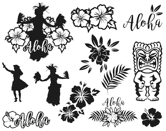 HAWAIIAN LUAU SVG, hawaiian bundle, hawaii flower, aloha svg, aloha flower, hibiscus, dancer silhouette, hawaii svg, hawaii bundle, d585