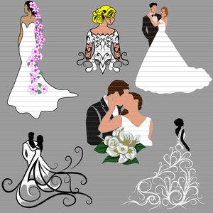 Può includere: Una collezione di illustrazioni a tema matrimonio che ritraggono spose e sposi in varie pose. Le illustrazioni sono in uno stile semplice e stilizzato e sono perfette per l'uso in inviti di nozze, biglietti o altri progetti legati al matrimonio.