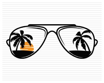 May include: Black sunglasses with a tropical scene reflected in the lenses. The scene includes palm trees and an orange sunset. The sunglasses have a classic aviator shape, perfect for summer.