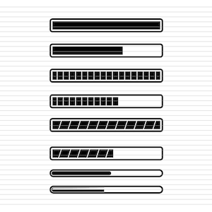Peut inclure: Un ensemble de huit barres de progression noires, chacune affichant un niveau d'achèvement différent. Les barres sont remplies de rayures noires et blanches, et l'arrière-plan est blanc avec des lignes grises.
