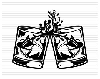 Puede incluir: Dos vasos en blanco y negro con cubitos de hielo y un chorro de líquido saliendo de la parte superior.