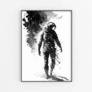 Impresión de póster de astronauta, impresión espacial en blanco y negro, arte mural de anime, impresión del espacio exterior, póster espacial, decoración de pared, decoración del hogar, impresión original