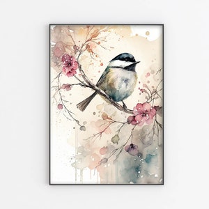 Chickadee aquarel schilderij Poster kunst aan de muur, Chickadee op een kersenboom schilderij, Art print, wand decor, vogel Wall Art, Decor van het huis, origineel