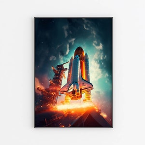 Space shuttle painting art print, Discovery spaceship launch synthwave wall art poster, spaceman print, Original Artwork by Artist