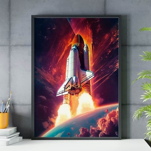 Space shuttle painting art print, Discovery spaceship launch wall art poster, spaceman print, Original Artwork by Artist