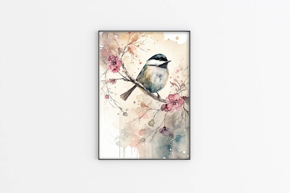 Chickadee Watercolor Painting Poster wall art,Chickadee on a cherry Tree Painting,Art print ,wall decor,bird Wall Art,Home Decor,Original