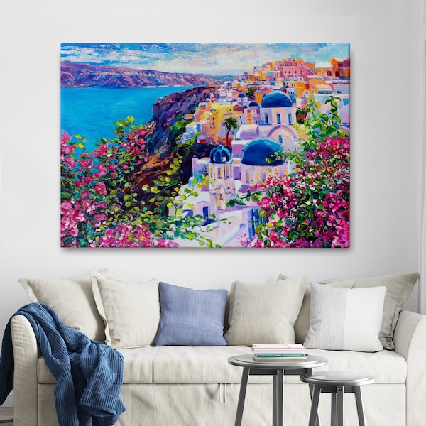 Griechenland-Landschaft-Wand-Dekor, Santorini-Leinwand-Kunst, Meereslandschaft künstlerischer Wanddruck, Küsten-Poster, Insel-Malerei, bunte