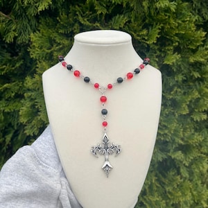 Gothic Cross rosary/ black and red beaded rosary/ cross necklace
