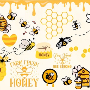 Svg-bundel bij, png-bij, bijenkoningin, hommel, honingbij, honingraat, bijenkorf, schattige bij, instant download en Cricut.
