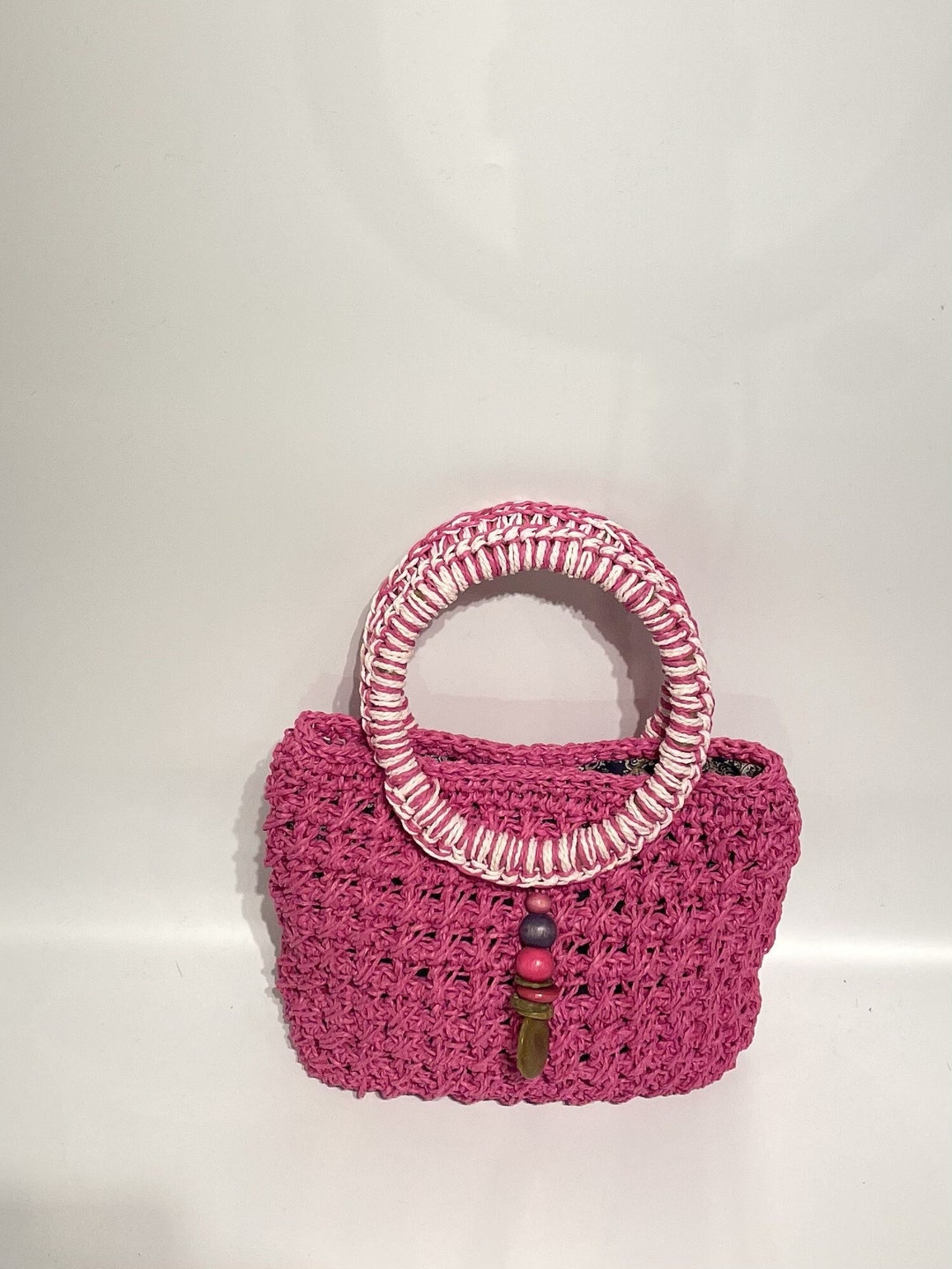 Pink Straw Bag With Bamboo Handle Straw Basket&tote Bag Etsy