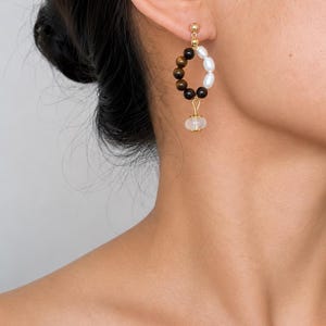 Asymmetrical Tiger Eye & Freshwater Pearl Earrings, Carnelian and Moonstone Drop Earrings, Handmade Statement Earrings, Natural StoneJewelry