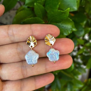 Flower Freshwater Pearl Earrings, Natural White Pearl Stud Earrings, Blue Lustre Pearl Earrings, Gold Shell Earrings, Handmade Jewellery