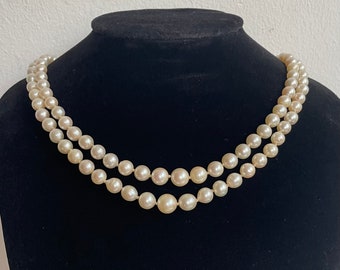 Stunning Vintage 935 Sterling Silver Art Deco Japanese Saltwater Akoya Double Strand Twin Row Graduated Pearl Necklace 16.25"