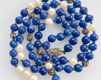 Vintage Chinese Export Lapis Lazuli & Pearl Filigree Beads and Clasp Sterling Silver Necklace 22.5