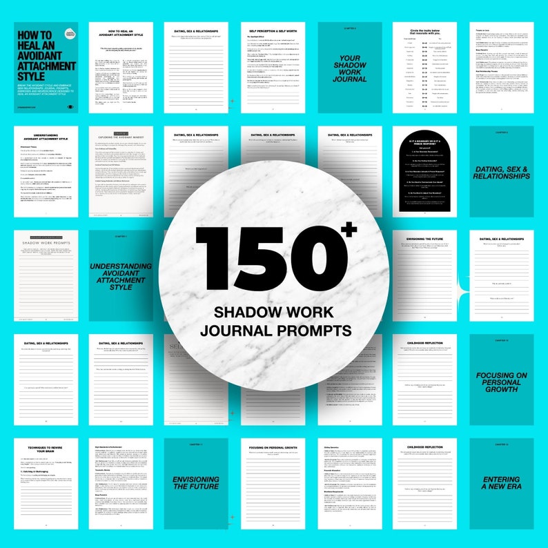 Pu&ograve; includere: Un collage di pagine di un diario con il testo "150+ Shadow Work Journal Prompts" in un cerchio bianco con una texture marmorea. Le pagine sono su uno sfondo turchese e contengono testo e spazi rigati per scrivere.