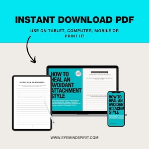 Pu&ograve; includere: Un download digitale di una guida PDF su come guarire uno stile di attaccamento evitante. La guida include prompt per il diario, esercizi e strategie basate sulle neuroscienze. L'immagine mostra un laptop, un tablet e un telefono che mostrano la copertina della guida.