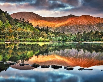Impression Glanmore Lough Sunrise : photographie de paysage irlandaise, comté de Kerry