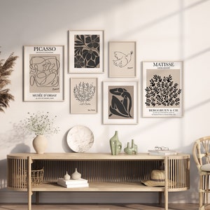 Set di 6 pareti della Galleria, Set di arte della parete della Galleria Moderna Nero Beige, Set di poster espositivi, Stampe di Matisse, Stampe di Picasso, Download digitale