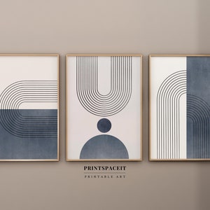 Mid Century Moderne Geometrische Kunst 3er Set, Blau Marine Boho druckbare abstrakte Kunst, Regenbogen Linie, digitaler Download