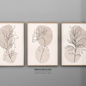 Set di arte da parete neutra di 3 stampe, linea artistica botanica, set di 3 stampe di piante beige, decorazione della parete del soggiorno, download digitale