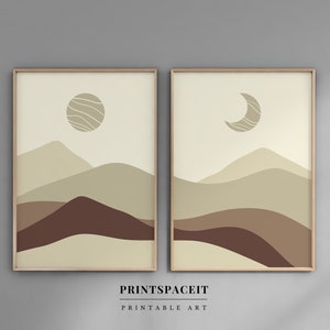 Arte da parete stampabile Boho, Sole e Luna astratti, Set di 2 stampe, Arte da parete moderna di metà secolo, Colore neutro, Arte stampabile minimalista