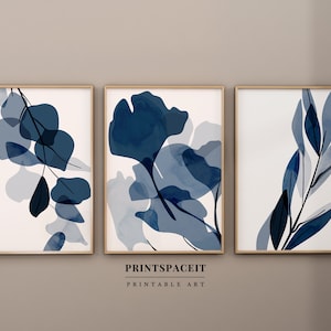 Set of 3 Prints botanical Print, Abstract Printable Art, Navy Blue Art, digital downloads, Leaf Prints, Minimal Wall Art, Flowers Printable