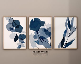 Set of 3 Prints botanical Print, Abstract Printable Art, Navy Blue Art, digital downloads, Leaf Prints, Minimal Wall Art, Flowers Printable