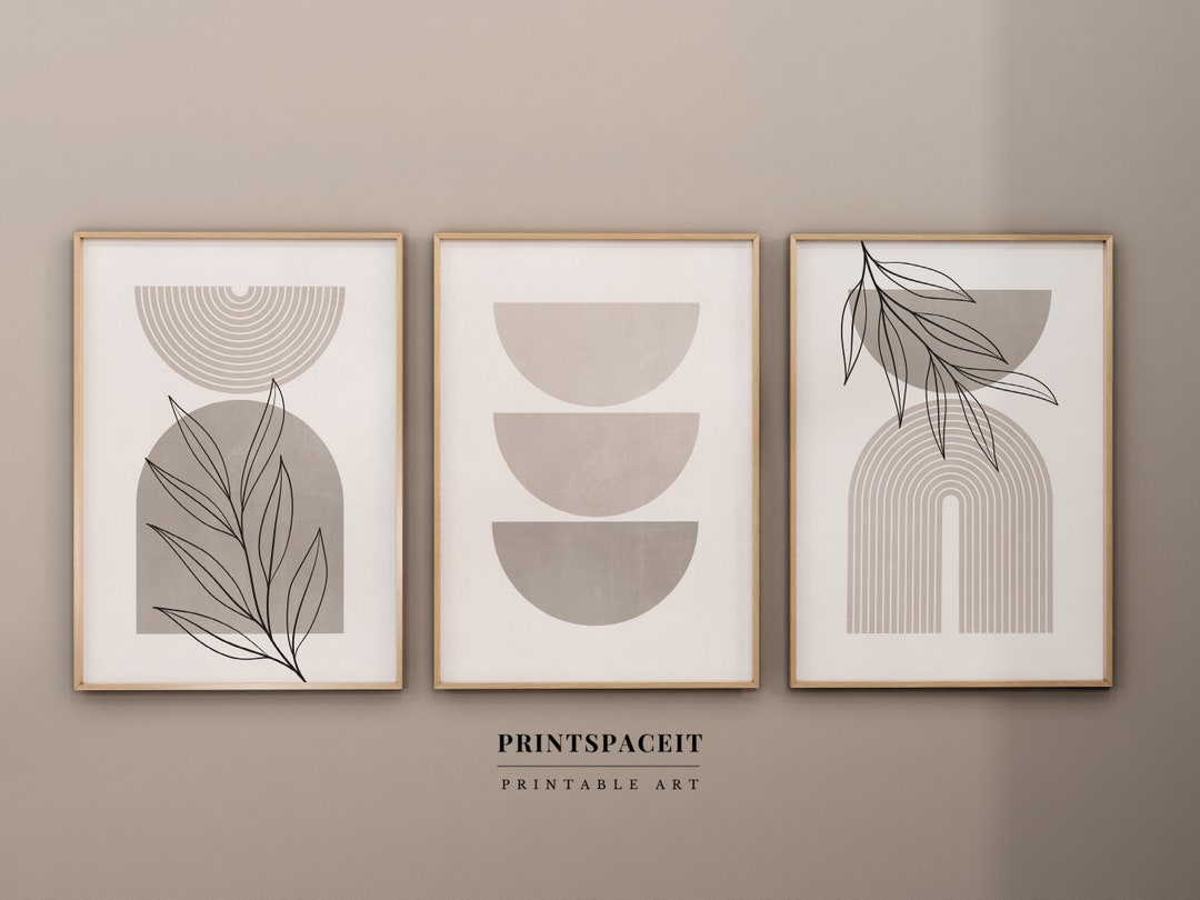 Mid Century Modern Wall Art Print Set of 3, Neutral Abstract Geometric ...