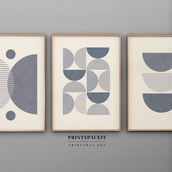 Navy Blue Mid century Modern Geometric Art Set of 3 Prints, Scandinavian style set of 3 prints, geometric wall art design, Boho Art Prints,