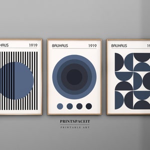 Blue Bauhaus Printable Wall Art Set of 3, Mid Century Modern Wall Art, Aesthetic Room Decor, Set of 3 Bauhaus Printable Exhibition Posters