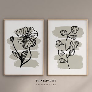 Arte da parete stampabile botanica, set da parete della galleria di 2 stampe, decorazione della parete della galleria del soggiorno minimalista in bianco e nero, download digitale