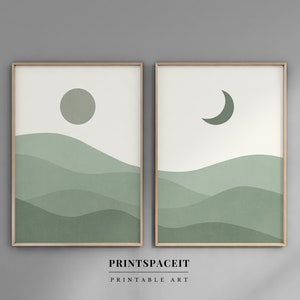Boho Sun and Moon Print Set: Sage Green Abstract Landscape (Digital Download)