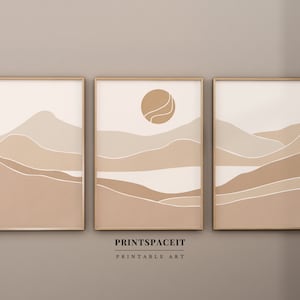 Stampe paesaggistiche astratte da parete in 3 pezzi, arte da parete stampabile astratta beige neutro acquerello, decorazione da parete minimalista per soggiorno