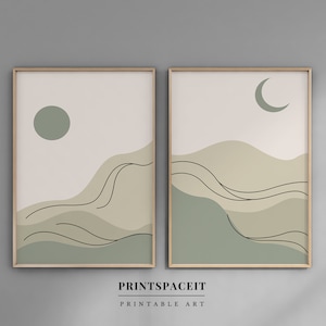 Sun and Moon Landscape, PRINTABLES Set of 2 Wall Art, Beige sage green Mid Century Modern Art Decor, Digital Download,