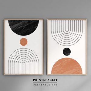 Stampe d&#39;arte a 2 pezzi, Stampa d&#39;arte da parete moderna di metà secolo, Arcobaleni geometrici, Nero arancione bruciato, Download digitale, Arte da parete stampabile