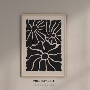 Poster di fiori botanici astratti, stampa di fiori astratti beige nero Boho arte stampabile, arte della parete neutra, arredamento della camera moderna, arte digitale
