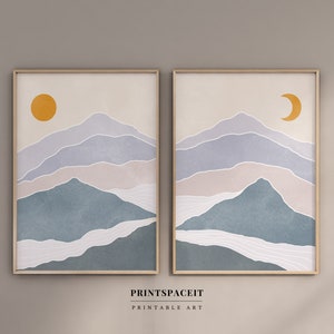 Arte da parete astratta in 2 pezzi di montagna, arte da parete sole e luna, decorazione da parete moderna di metà secolo, paesaggio Boho, download digitale