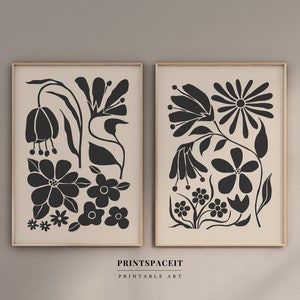 Set di stampe floreali di 2, beige nero, arte da parete stampabile botanica astratta, set da parete Boho Gallery, arredamento moderno per la casa, DOWNLOAD DIGITALE