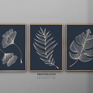 Botanical Leaves Set Of 3 prints , Minimalist Boho Plants, Blue Beige Botanical Wall Decor, Digital Download,