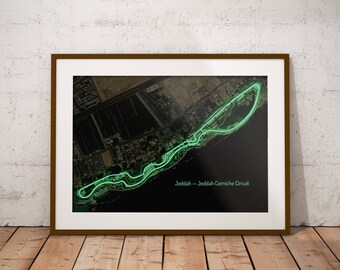 Gran Premio de Arabia Saudita en el circuito Jeddah Corniche: póster con el mapa de la pista de carreras de F1 sobre imágenes satelitales de alta resolución