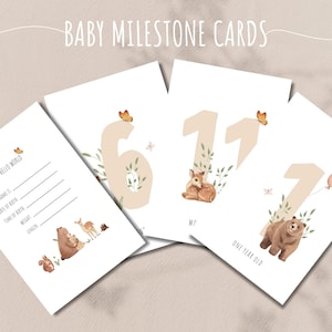 Cartes imprimables pour bébé Milestone Forest Animal Téléchargement numérique Cartes souvenir pour nouveau-né
