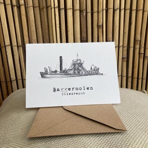 Carte postale du moulin de dragage Sliedrecht, carte postale double avec enveloppe, impression d'un dessin au crayon graphite