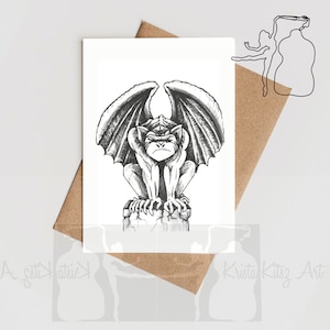 Gargoyle , dubbele kaart rechtopstaand met envelop, zonder tekst, print van inkt tekening door Krista Kitsz Art.
