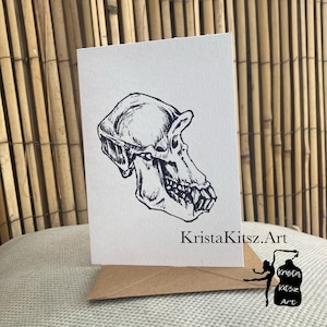 Apen schedel dubbele kaart met envelop zonder tekst, print van inkt tekening door Krista Kitsz Art. Ongewone kunst