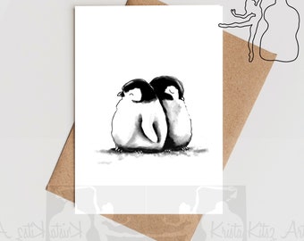 Penguins double card upright with envelope without text, print of ink and watercolor painting by Krista Kitsz Art.