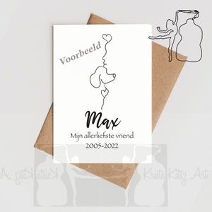 Gepersonaliseerde kaart hond met naam en tekst naar keuze, gevouwen met envelop, print van inkt pen tekening door Krista Kitsz Art.