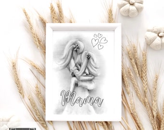 Mother and daughter postcard with text “mama” black and white, smooth or structured art cardboard, drawn by KristaKitszArt